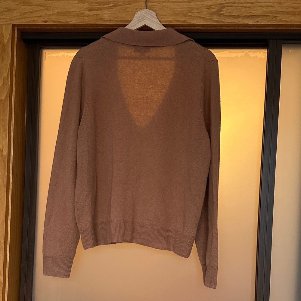 Cashmere Deep V-Neck Polo Sweater in Warm Brown - Picture 3 of 6